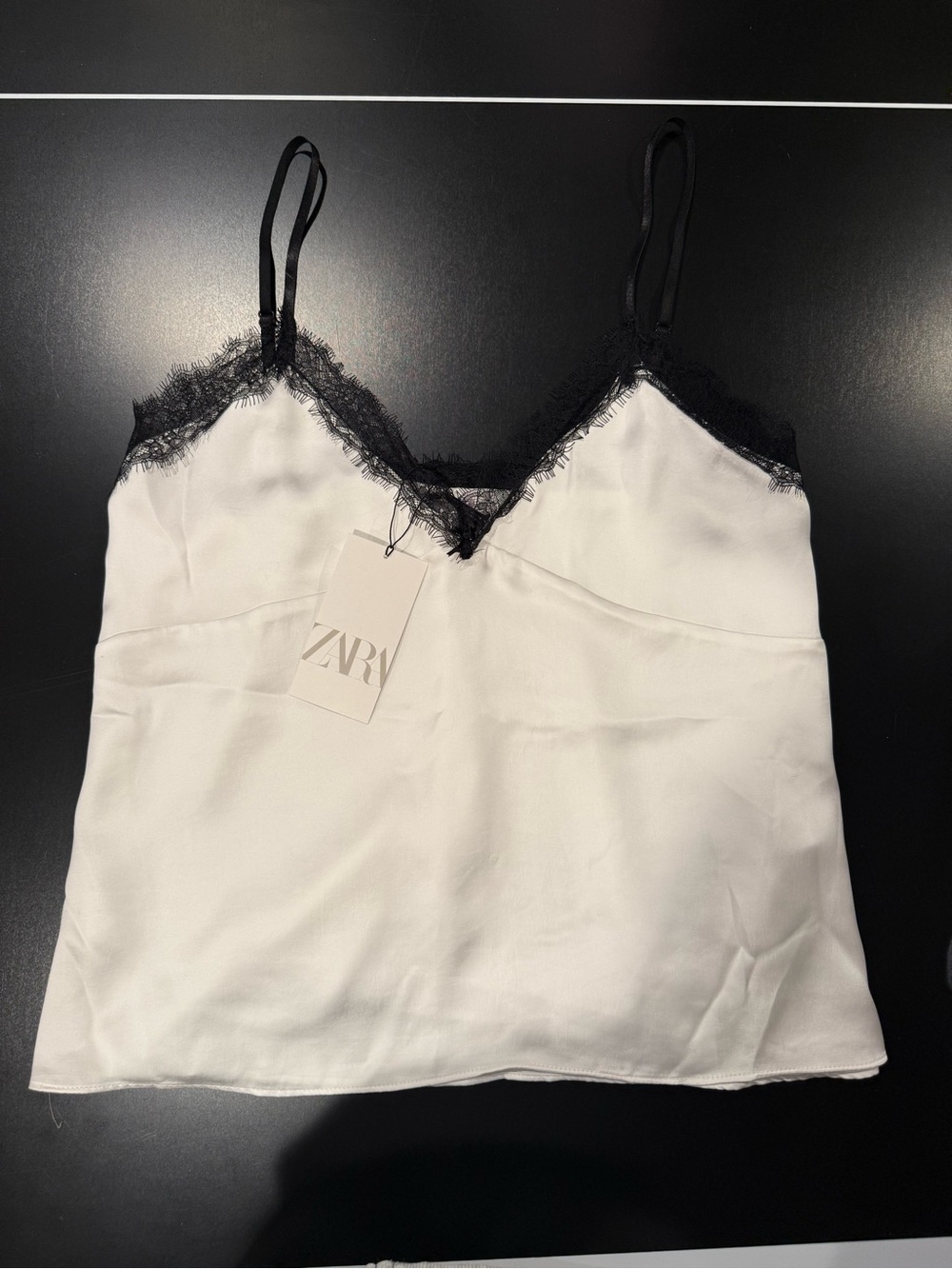 NWT Zara White Satin Cami with Black Lace Trim Size L
